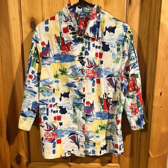 Vintage Koret Top Blouse Button Up 3/4 Sleeve Hawaiian Palm Trees Sail Boat - Picture 1 of 4